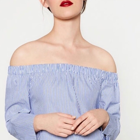 Zara off the shoulder poplin blouse - white/blue - Picture 1 of 15